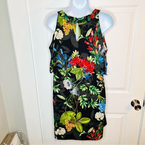 Lulus Oasis Floral We Go Black Tropical Shift Dress Cold Shoulder Split Sleeve S - Picture 11 of 13